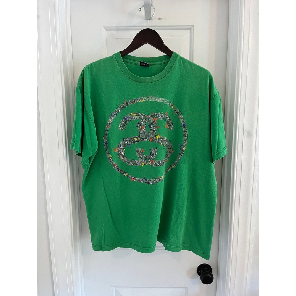 Stussy Mens Green Double S Link Logo Graphic T